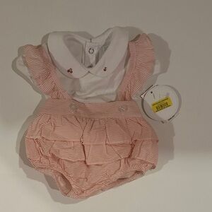 Edgehill Collection Pink Striped Overalls with White Collared tee, Cherry Detail